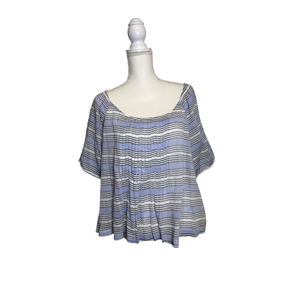 Lucky Brand‎ Women's Blue Striped and Pleated Wide Sleeve Flowy Blouse Size XXL